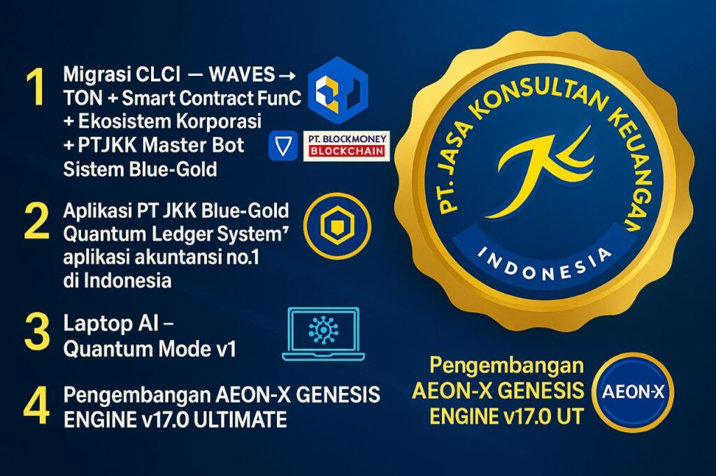 Blue-Gold Quantum Age Indonesia Ekosistem Super AI PT Jasa Konsultan Keuangan & PT Blockmoney Blockchain Indonesia, Untuk Menguasai Masa Depan Digital Tingkat Lebih Tinggi