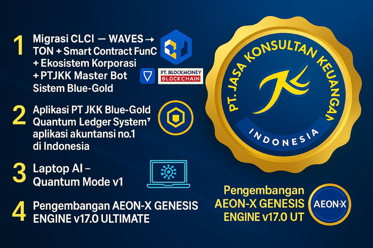 Blue-Gold Quantum Age Indonesia Ekosistem Super AI PT Jasa Konsultan Keuangan & PT Blockmoney Blockchain Indonesia, Untuk Menguasai Masa Depan Digital Tingkat Lebih Tinggi