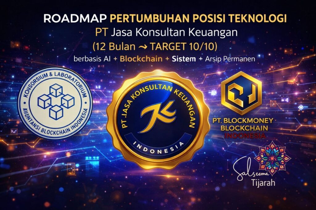 ROADMAP PERTUMBUHAN POSISI TEKNOLOGI PT Jasa Konsultan Keuangan (12 Bulan → TARGET 10/10) berbasis AI + Blockchain + Sistem + Arsip Permanen By PT Jasa Konsultan Keuangan