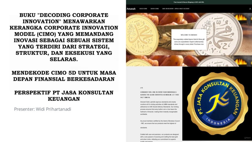 BUKU “DECODING CORPORATE INNOVATION” MENAWARKAN KERANGKA CORPORATE INNOVATION MODEL (CIMO) YANG MEMANDANG INOVASI SEBAGAI SEBUAH SISTEM YANG TERDIRI DARI STRATEGI, STRUKTUR, DAN EKSEKUSI YANG SELARAS.  MENDEKODE CIMO 5D UNTUK MASA DEPAN FINANSIAL BERKESADARAN  PERSPEKTIF PT JASA KONSULTAN KEUANGAN