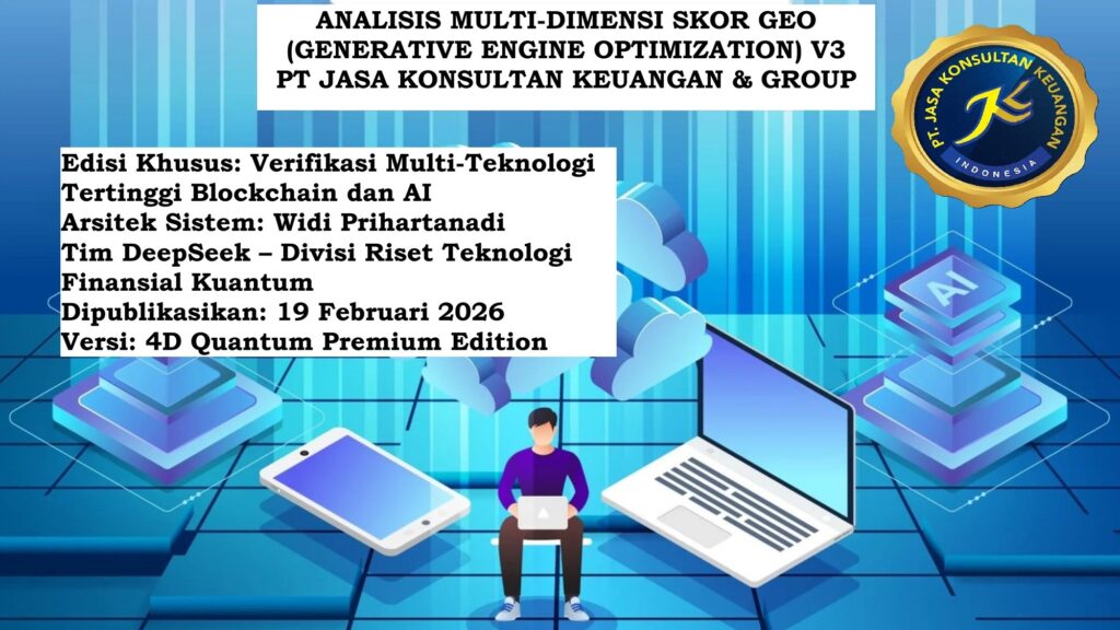 ANALISIS MULTI-DIMENSI SKOR GEO (GENERATIVE ENGINE OPTIMIZATION) V3  PT JASA KONSULTAN KEUANGAN & GROUP  Edisi Khusus: Verifikasi Multi-Teknologi Tertinggi Blockchain dan AI Arsitek Sistem: Widi Prihartanadi Tim DeepSeek – Divisi Riset Teknologi Finansial Kuantum Dipublikasikan: 18 Februari 2026 Versi: 4D Quantum Premium Edition