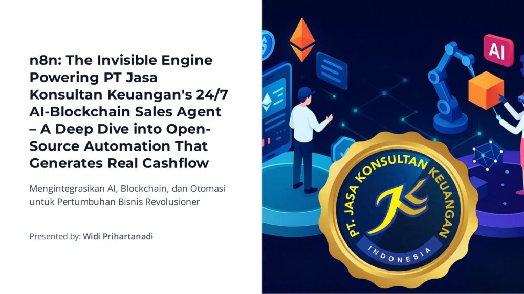 N8N: THE INVISIBLE ENGINE POWERING PT JASA KONSULTAN KEUANGAN’S 24/7 AI-BLOCKCHAIN SALES AGENT – A DEEP DIVE INTO OPEN – SOURCE AUTOMATION THAT GENERATES REAL CASHFLOW MENGINTEGRASIKAN AI, BLOCKCHAIN, DAN OTOMASI UNTUK PERTUMBUHAN BISNIS REVOLUSIONER PRESENTED BY: WIDI PRIHARTANADI