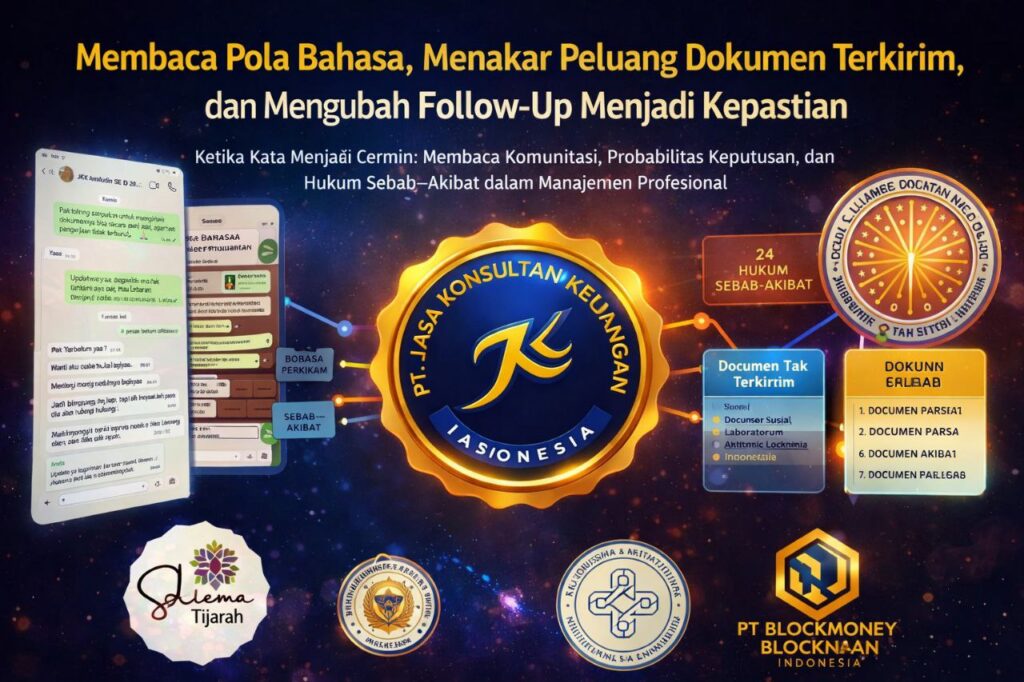 MEMBACA POLA BAHASA, MENAKAR PELUANG DOKUMEN TERKIRIM, DAN MENGUBAH FOLLOW-UP MENJADI KEPASTIAN KETIKA KATA MENJADI CERMIN: MEMBACA KOMUNIKASI, PROBABILITAS KEPUTUSAN, DAN HUKUM SEBAB–AKIBAT DALAM MANAJEMEN PROFESIONAL PENULIS: WIDI PRIHARTANADI ORGANISASI: PT JASA KONSULTAN KEUANGAN