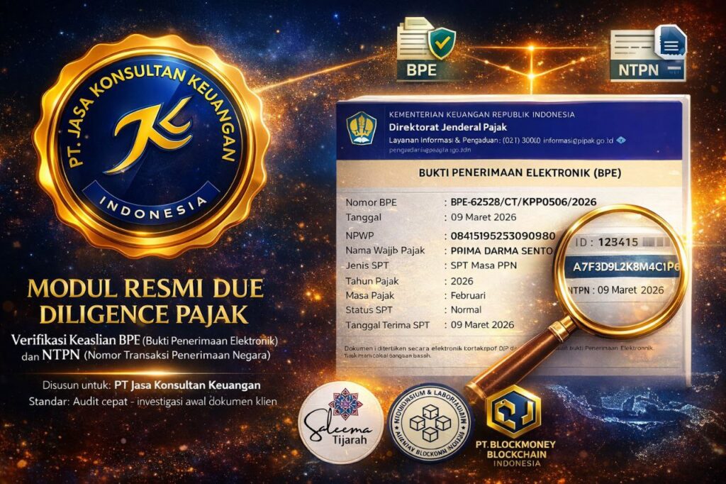 MODUL RESMI DUE DILIGENCE PAJAK VERIFIKASI KEASLIAN BPE (BUKTI PENERIMAAN ELEKTRONIK) DAN NTPN (NOMOR TRANSAKSI PENERIMAAN NEGARA) PANDUAN PROFESIONAL – AUDIT AWAL DOKUMEN PAJAK DISUSUN UNTUK: PT JASA KONSULTAN KEUANGAN STANDAR: AUDIT CEPAT – INVESTIGASI AWAL DOKUMEN KLIEN